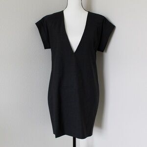 Dark Gray Deep Plunged V-Neck Cap Sleeve Wool Shift Dress